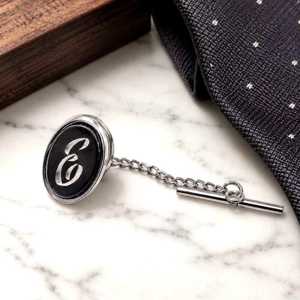 Vintage Silver Tone Script Initial E Tie Tack Tie Pin Monogram